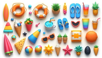 3D summer png cut out element set