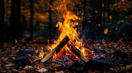 An autumn bonfire in the woods, with warm, glowing embers casting a cozy light on surrounding trees, creating a serene and rustic atmosphere.

