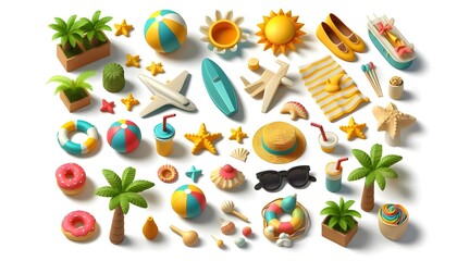 3D summer png cut out element set