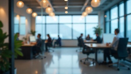 Fototapeta premium People are working in a blurred workplace behind a glass wall