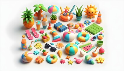 3D summer png cut out element set