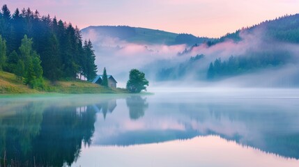 Misty lake view with a cabin, trees, and rolling hills in the background. Tranquil nature landscape for design and print.