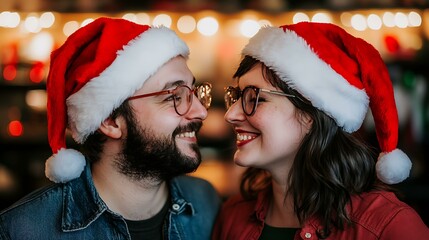 A couple trying on matching Santa hats in a holiday store