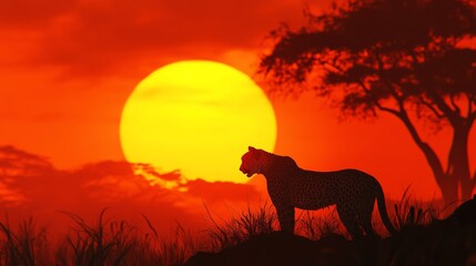 A lone cheetah silhouette against an orange jungle sunset, creating a dramatic scene. 
