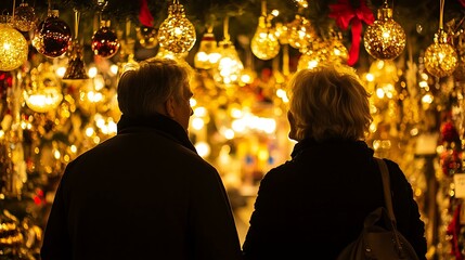 A couple admiring a festive holiday window display while shopping