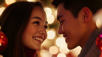 A couple exchanging smiles while picking out holiday tree ornaments