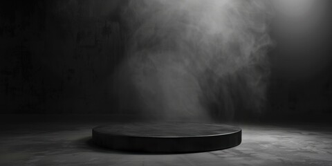 Empty black podium surrounded by smoke in a dimly lit space. Mysterious product display for design and print.