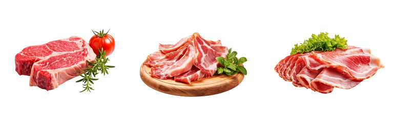 Obraz premium Set of raw beef steak slices, isolated on a transparent background cutout, PNG file.