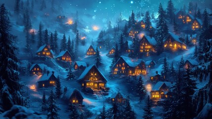 Fototapeta premium Winter Getaways: Scenic snowy village with cozy cabins and soft lights; cool blues and warm yellows., Fantasy illustrator, glowing light neon, digital illustrator, geometric-style neon, Cyberpunk