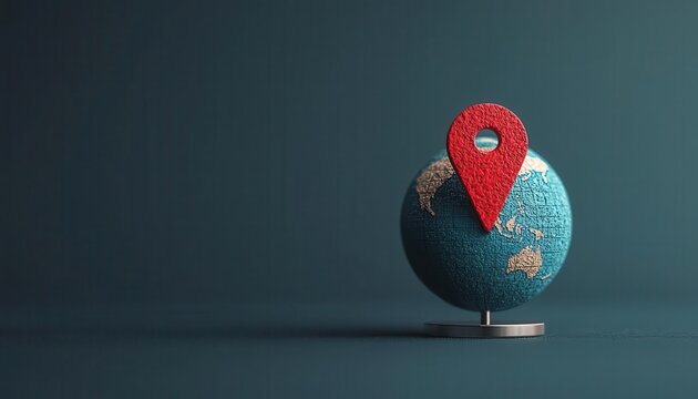 A close-up of a globe featuring a prominent red location pin, set against a dark green background, symbolizing travel and exploration.