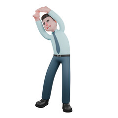 3D Male Financial Analyst Working. A male financial analyst stretches his body with both hands raised up and slightly tilted to the side. Corporate Finance Cartoon