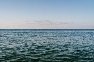 Sea water sky. Ocean horizon clouds. Nature summer seascape. Blue cloud wave landscape.