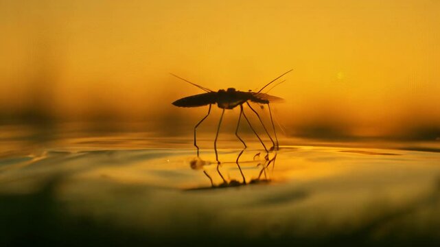 Slow upward tilt video of a water strider on a calm pond at golden hour. Macro view showcasing surface tension and hydrophobic hairs