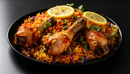 A vibrant plate of spiced chicken drumsticks served over colorful rice, garnished with lemon slices and fresh herbs.
