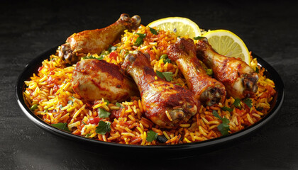 A vibrant plate of spicy rice garnished with chicken drumsticks and fresh lemon slices, showcasing a delicious meal.
