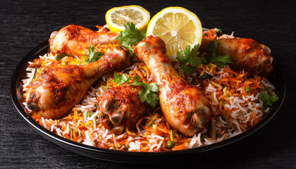 Fototapeta premium A vibrant dish featuring spiced chicken drumsticks served over colorful rice, garnished with lemon and fresh herbs.