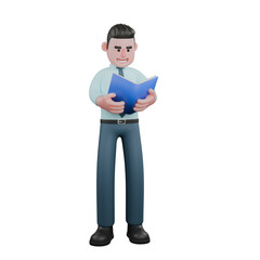 Financial Expert 3D Model. A male financial analyst stands holding a blue book in both hands. Analyst Cartoon