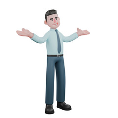 Male Financial Analyst Cartoon in 3D. A male financial analyst stands facing left stretching both arms with palms facing upwards. Financial Planning Illustration