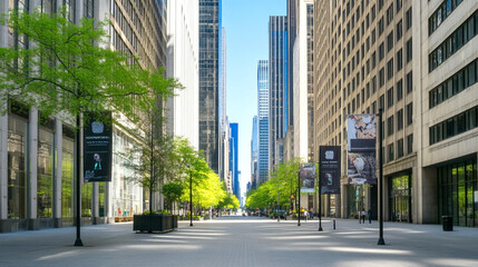 Wide city street lined with tall buildings and green trees, showcasing a peaceful urban environment on a sunny day