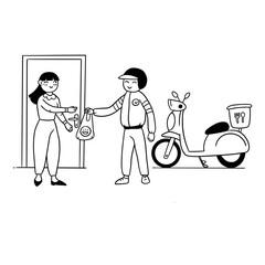 Hand drawn food delivery to custumer by courier using motorcycle