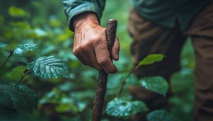 Close-up of a man's hand gripping a walking stick in a forest.