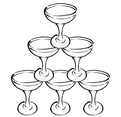 筆タッチの三段のシャンパンタワーのモノクロ線画イラスト