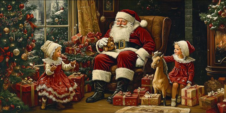Retro Bild vom Weihnachtsmann wie er Geschenke an die Kinder ausgibt. Weihnachten Nostalgie Kinder Freude Geschenke