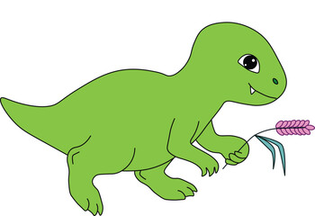 baby dinosaur tyrannosaurus walks happy and carries a blade of grass, cartoon, easy to edit, stock vector