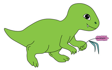 baby dinosaur tyrannosaurus walks happy and carries a blade of grass, cartoon, easy to edit, stock vector