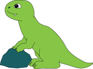 baby dinosaur tyrannosaurus stands contentedly near a stone, cartoon, easy to edit, stock vector
