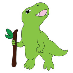 baby dinosaur tyrannosaurus stands happy and holds a stick with a leaf in his hands, cartoon, easy to edit, stock vector
