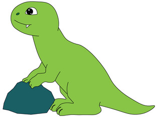 baby dinosaur tyrannosaurus stands contentedly near a stone, cartoon, easy to edit, stock vector