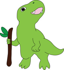 baby dinosaur tyrannosaurus stands happy and holds a stick with a leaf in his hands, cartoon, easy to edit, stock vector