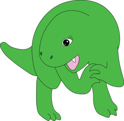 big tyrannosaurus girl joyfully stands bent over and holds her paws together, cartoon, easy to edit, stock vector