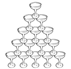 筆タッチの五段のシャンパンタワーのモノクロ線画イラスト