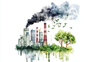 Eco-Friendly Recycling Plant Cleaning Carbon Emissions - Watercolor Clipart on White Background