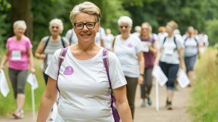 Alzheimer's Awareness Community Walk: Diverse Group in Park with Banners and T-Shirts