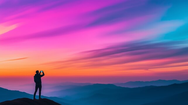 A person standing at a scenic overlook, using their phone to capture a stunning sunset, with colors reflecting off their face and a sense of wonder in the air.