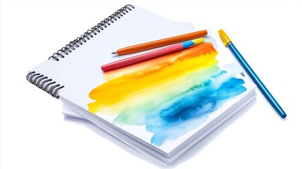 Naklejka premium A vibrant watercolor painting process on a sketchbook with colorful pens and brushes at a creative workspace