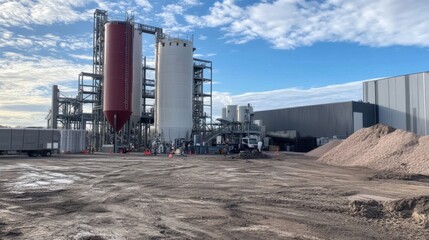 Obraz premium Industrial site showcasing large storage silos, machinery, and a clear sky, perfect for construction or manufacturing themes.