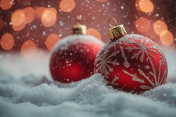 Christmas Baubles On Snowing landscape