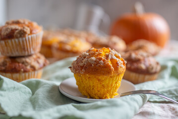 Fresh homemade pumpkin walnut oatmeal muffins