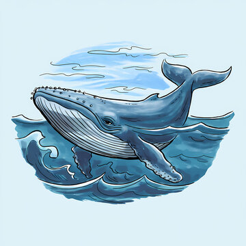 recommend clip art: whale in the sea, whale swimming in the blue sea, line and wash, watercolor illustration ,  isolated on white background
