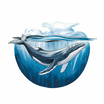 recommend clip art: whale in the sea, whale swimming in the blue sea, line and wash, watercolor illustration,  isolated on white background