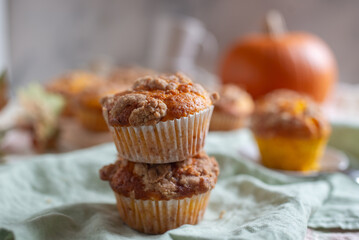 Fresh homemade pumpkin walnut oatmeal muffins