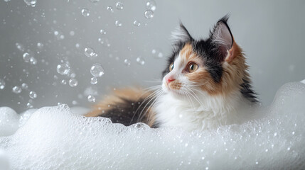 A charming calico cat relaxing in a bathtub full of bubbles, with a minimalistic light gray background.