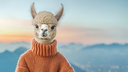 Fototapeta premium Llama wearing a cozy orange sweater, scenic mountainous background