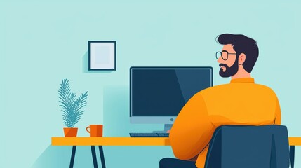Man working at a desk with computer and plant, minimal style