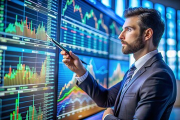Fototapeta premium Professional trader analyzing stock market data on a large digital screen with colorful graphs. Focus on hand holding a pen while analyzing financial trends, emphasizing data-driven trading strategies