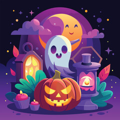 Halloween Jack-o-Lantern Pumpkins on rustic wooden background